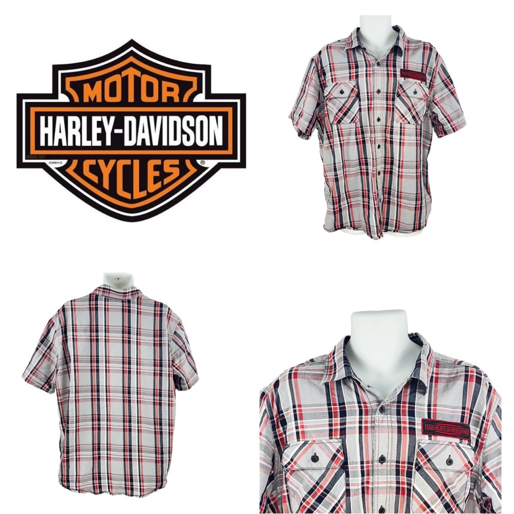 Harley Davidson Men's XL Gray & Red Plaid Short Sleeve Button Down, Embroidered